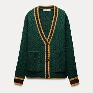 Zara Green and Yellow Cable Knit Cardigan